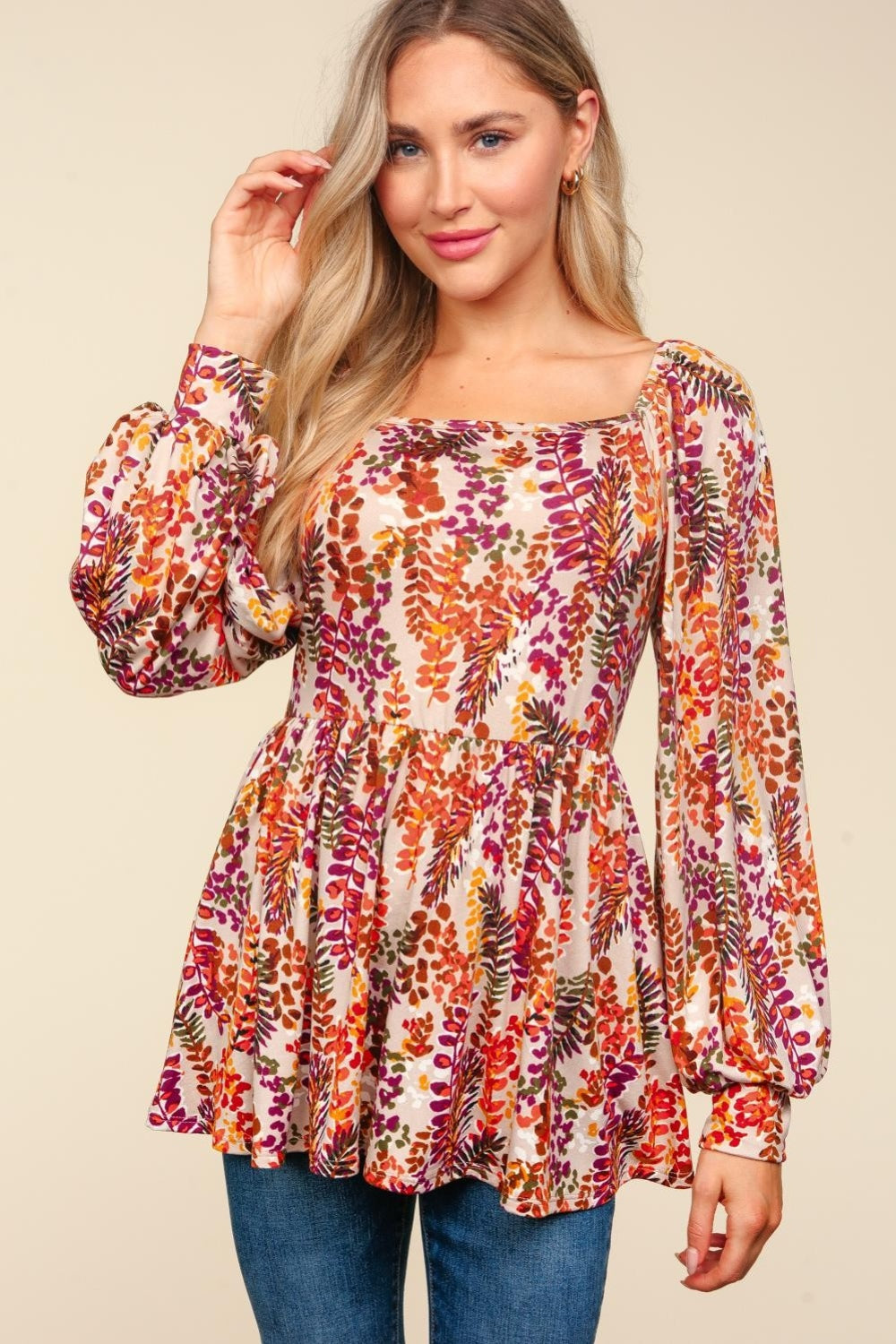 Haptics Full Size Peplum Floral Square Neck Blouse